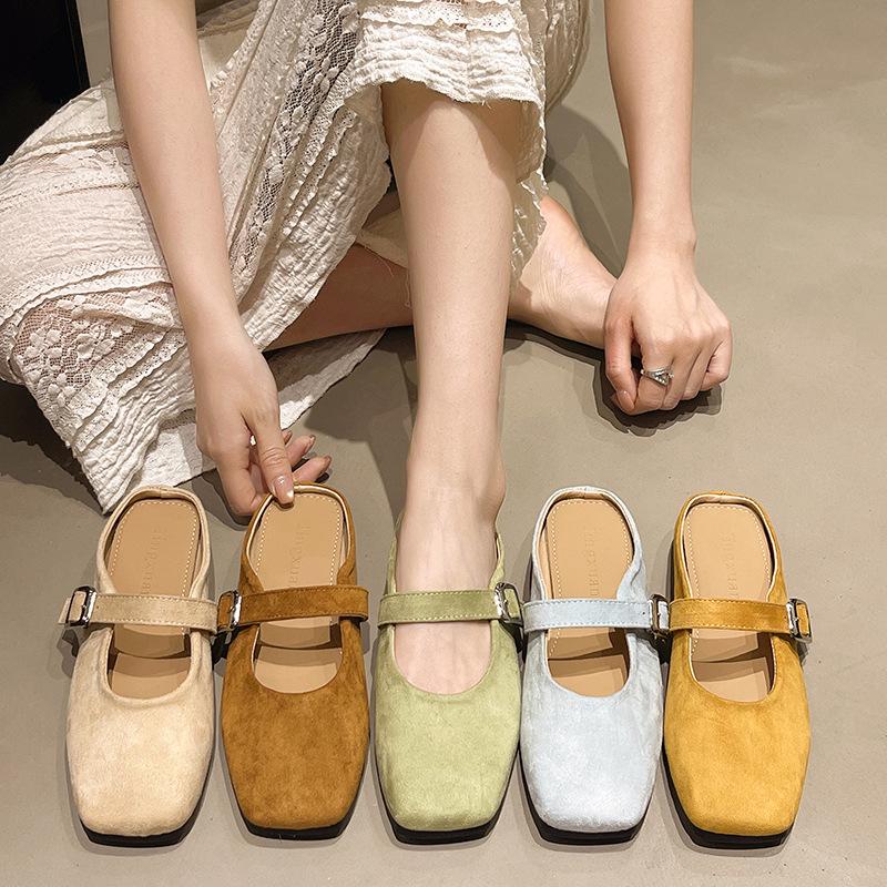 French Evening Breeze Flat-bottomed Bag Head Half Slippers Women's Outer Wear 2025 New Spring and Summer One-pedal Muller Half-tray Single Shoes