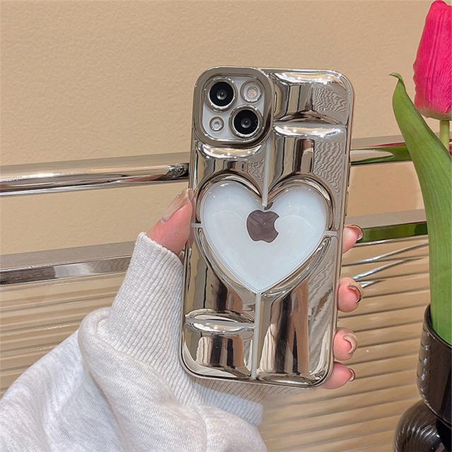 Luxury Love Heart Plating Phone Case For iPhone 14 Plus 15 12 11 13 Pro Max Clear Hollow Display Hole Shockproof Soft Back Cover