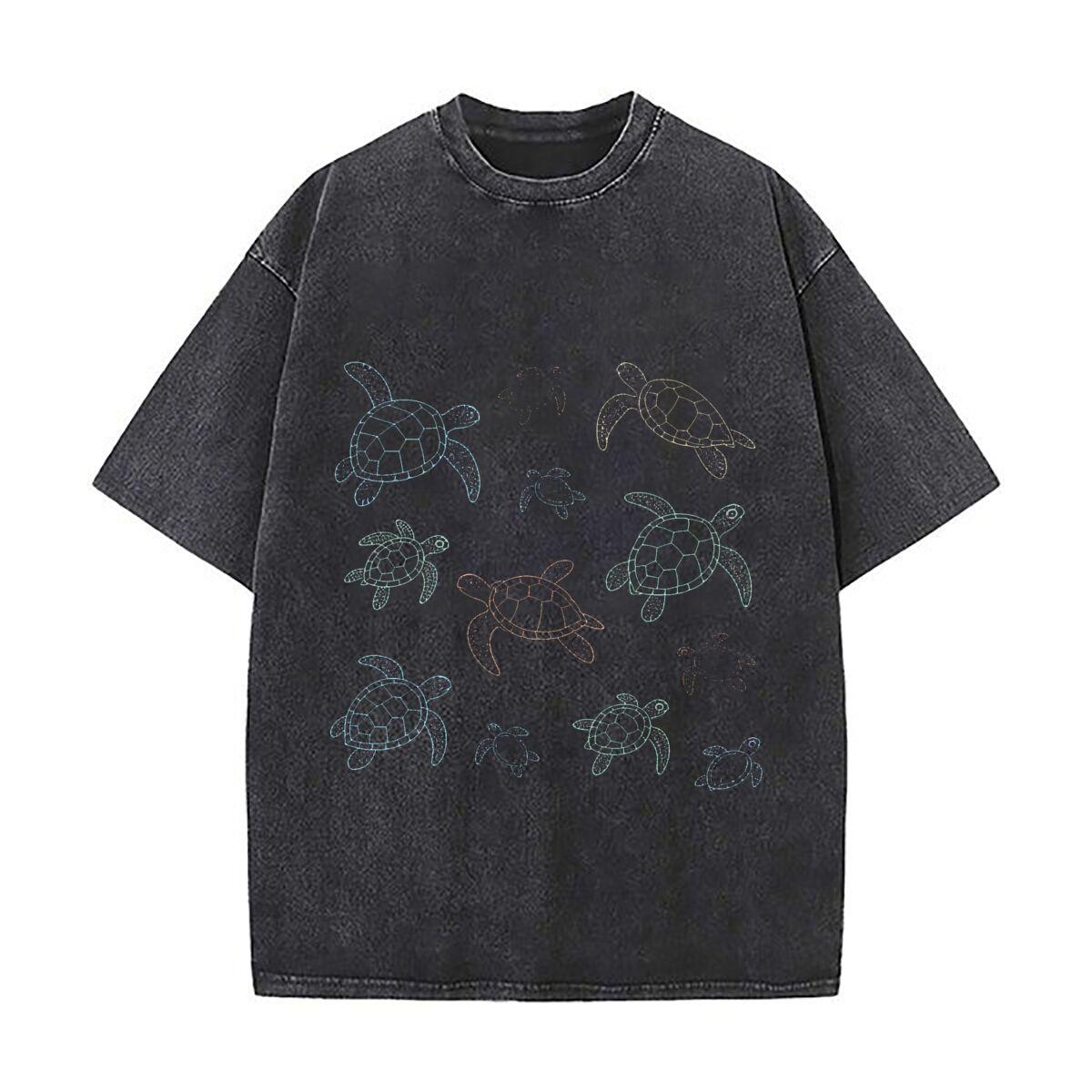 Coastal Sea Turtle Outline Pattern Retro Washed Distressed T Shirt Men Summer Casual Short Sleeve S