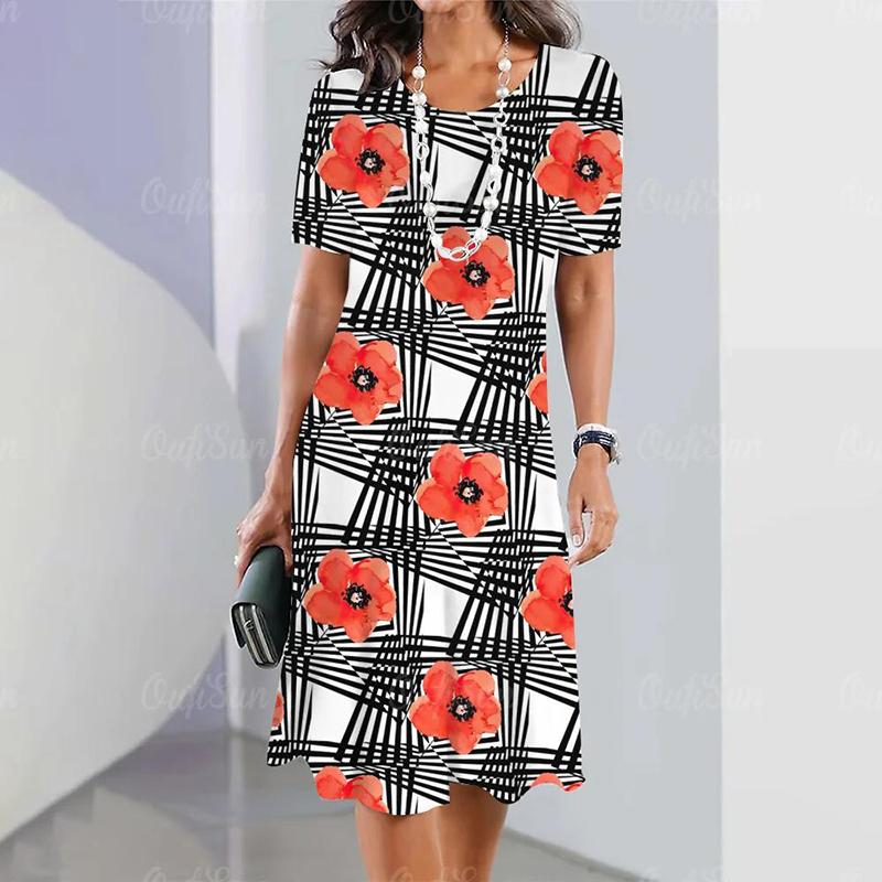 Mode für Damen, lockerer Rendering-Druck, O-Ausschnitt, kurze Ärmel, Blätter-Print, lockere Streetwear, A-Linien-Kleid