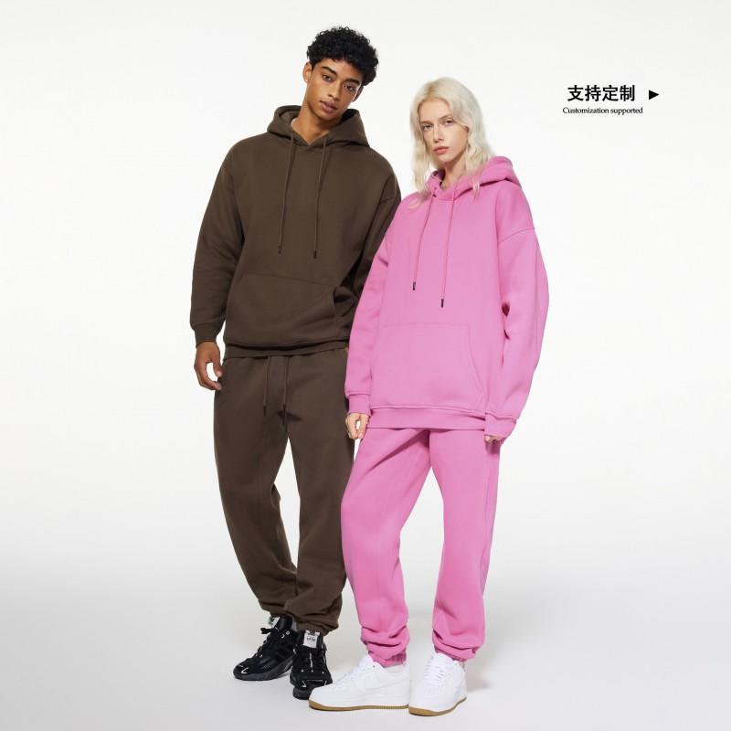 Men Women Warm Fleece Lined Hooded Sweatshirt Set Casual Loose Fit Winter Outfit Pure Color Streetwear