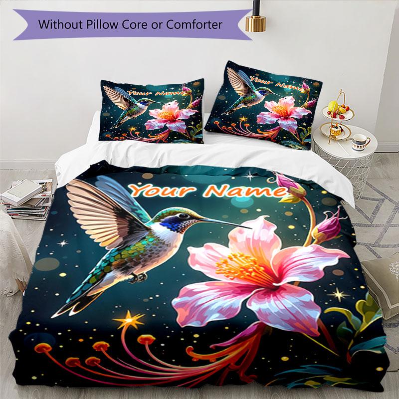 3PC Custom Name Hummingbird Flower Magic Bedding Set Duvet Cover Closure Includes 1 Duvet Cover & 2 Pillowcases for Bedroom
