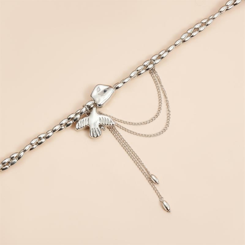 Elegant Tassels Drop Necklace With Flying Bird Pendant Double Strand Designs Adjustable Length Neckchain