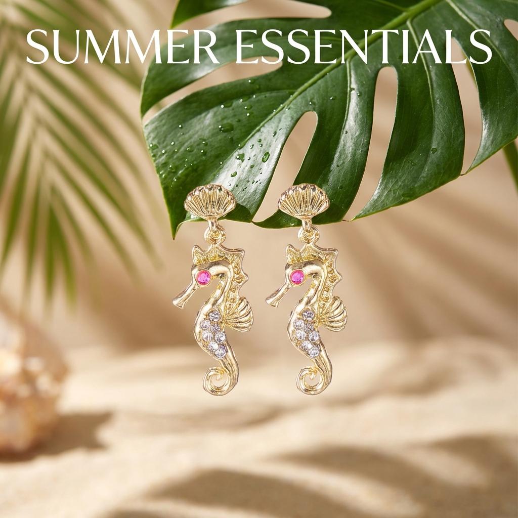 Elegant Pink Clear Rhinestones Seahorse Drop Earrings for Women Gold Color Shell Studs Nautical Ocean Theme Jewelry Summer Gift