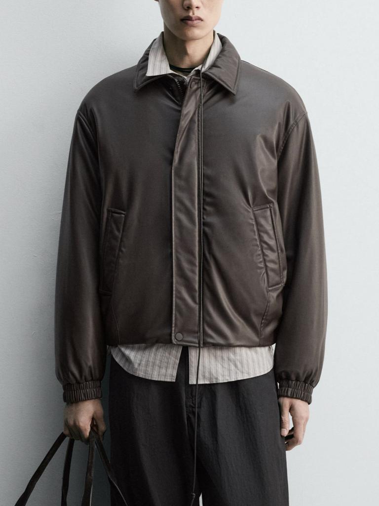 Pingtai European and American men's lapel dark brown imitation leather padded jacket, cotton clothing pu leather jacket, coat