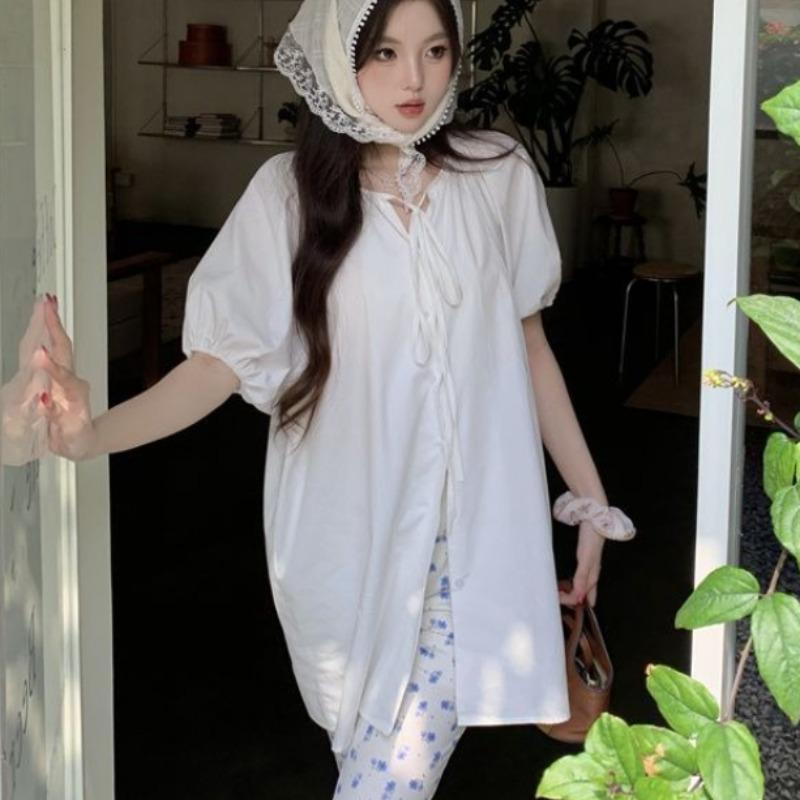 Solid Color Women's Lace Up Shirt Loose Round Neck Single Breasted Famale Short Sleeved Shirts Summer Comfortable Sweet Style Ladies Top