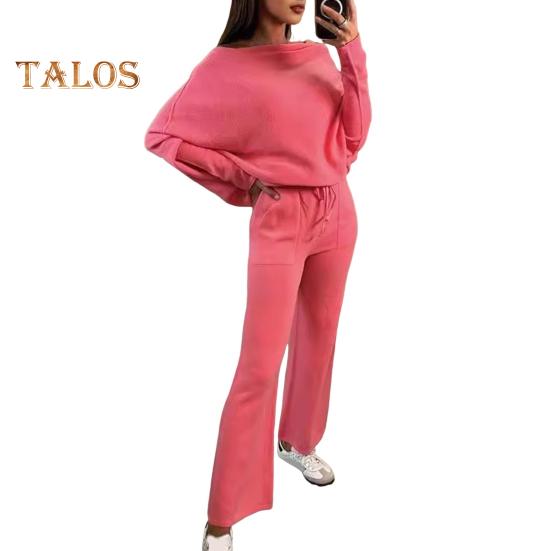 2 szt./zestaw Damski Zestaw Top i Spodnie Odkryte Ramiona Długie Rękawy Nietoperz Bluza Elastyczna Talia Rozszerzane Spodnie Dresowe Strój Sportowy Jesienny Casualowy Dres
