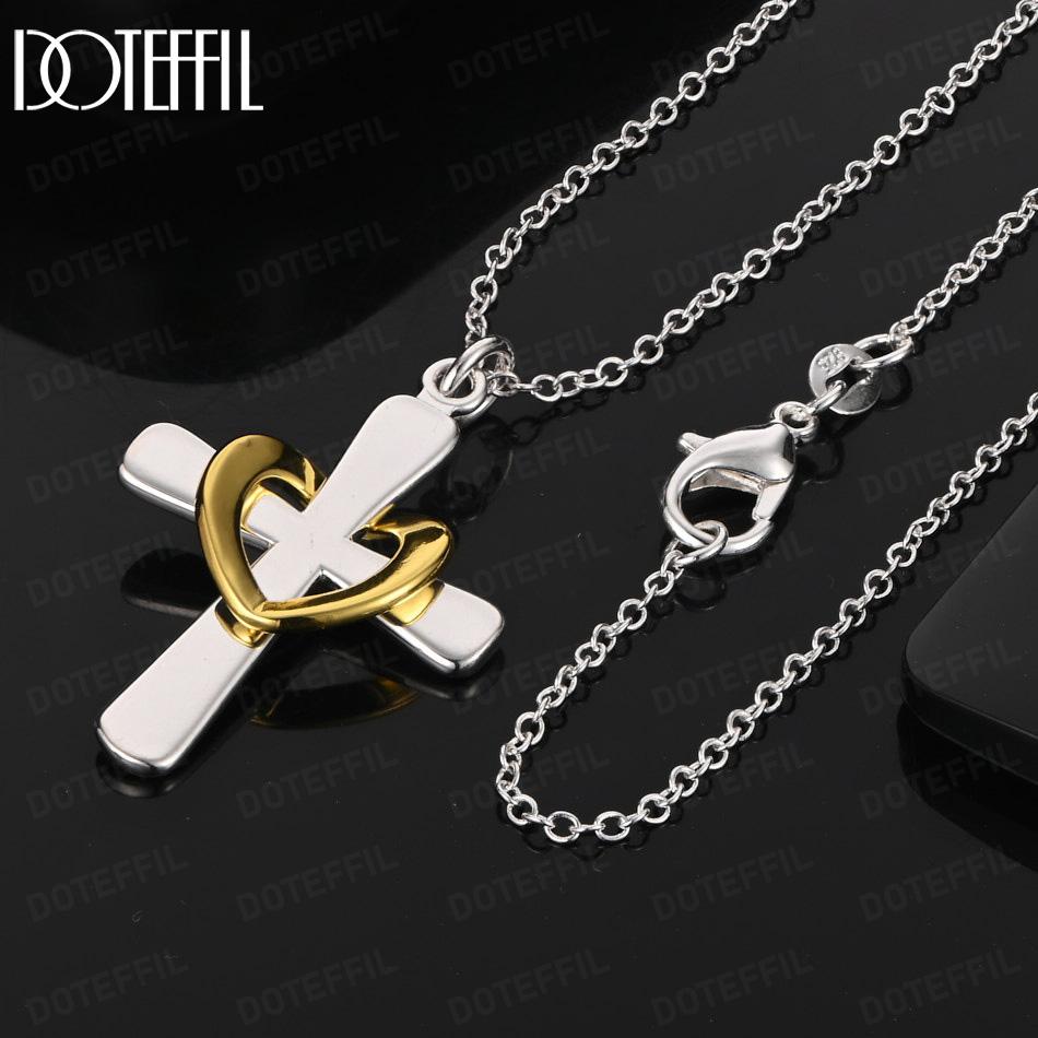 

925 Sterling Silver Fashion Jewelry 18-inch Heart-Shaped Cross Pendant Necklace 45CM
