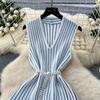 Summer Women Elegant V-neck Sleeveless Striped Knitted Sweater Party Dresses With Pearl Belt