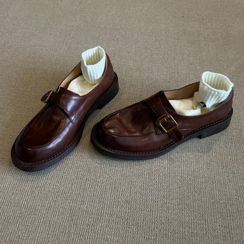 Fashion Hot Sale Women's Cow Leather Metal Buckle Round Toe Slip On Flat Shoes High Quality Soft Comfortable Loafers Casual Daily Famale