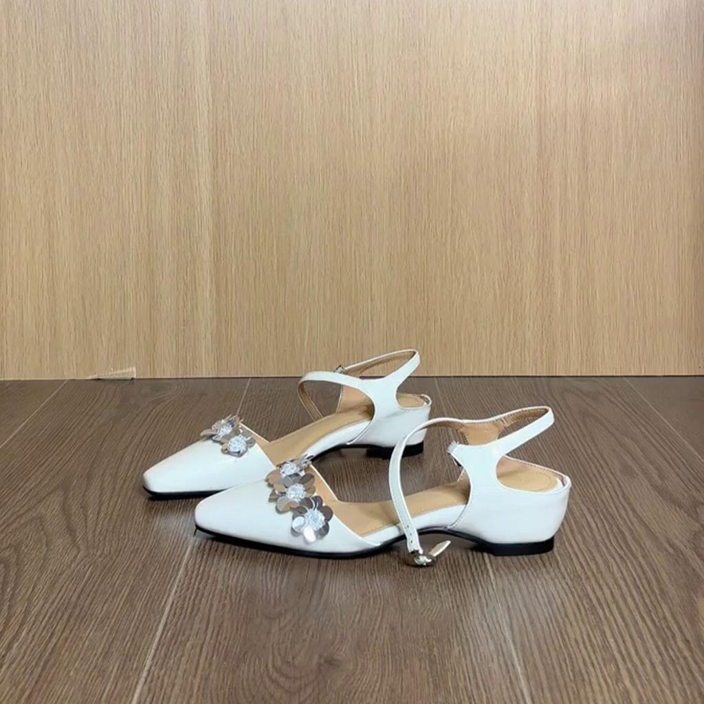 Schafsleder-Version~ Frühsommer neue quadratische Zehen Pailletten Blume Temperament süße Nische vielseitig innen höhenvergrößernde Tasche Kopf coole Slipper