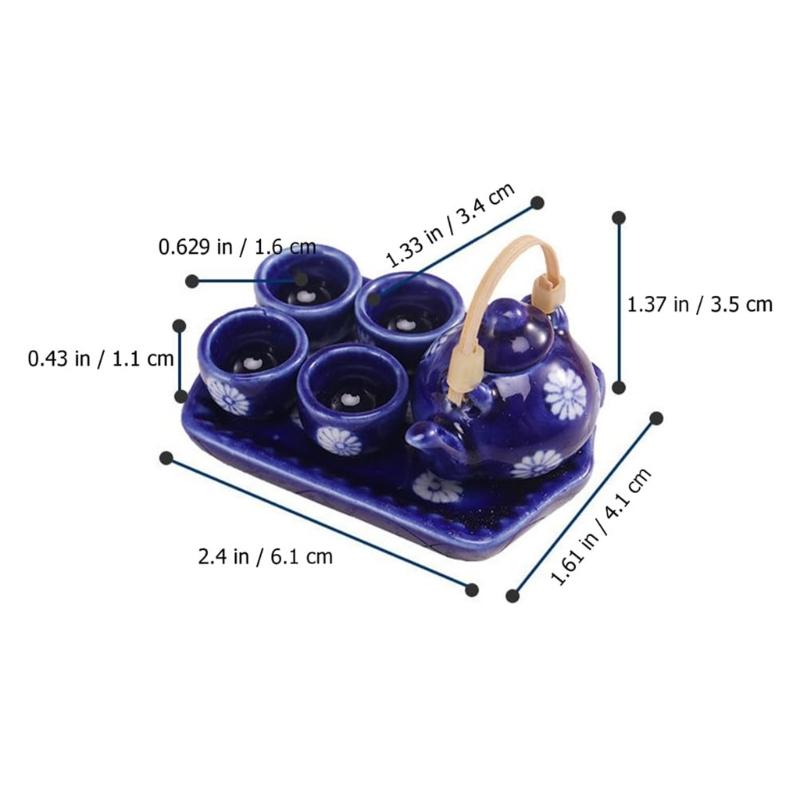 Miniature Teaware Set Model For Children And Collectors With Blue White Porcelain Teapot Cup Tray Doll House Furniture