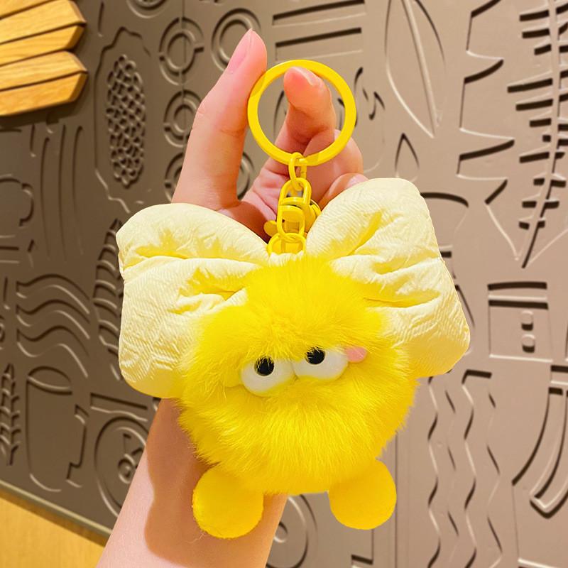 Adorable Plush Bowknot Pom Pom Car Keychain Creative Couples Backpack Pendant