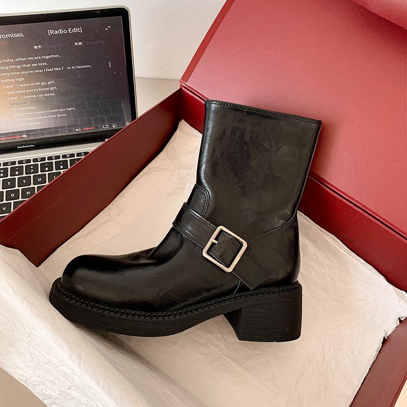 Washed cowhide~ thick-soled short boots for women's autumn and winter new thick-heeled Martin boots versatile side zipper thin boots