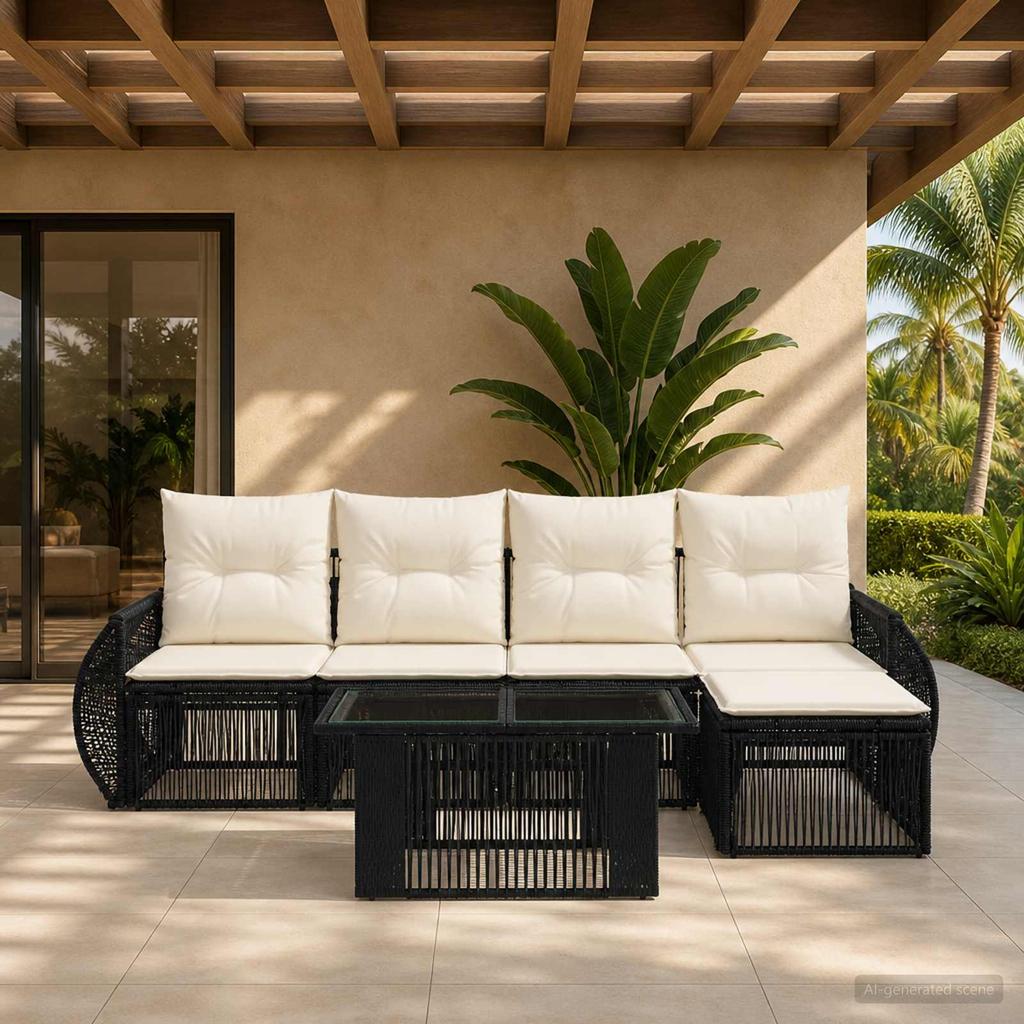 Garden Sofa Set 6 Pieces Black and Cream White Poly Rattan