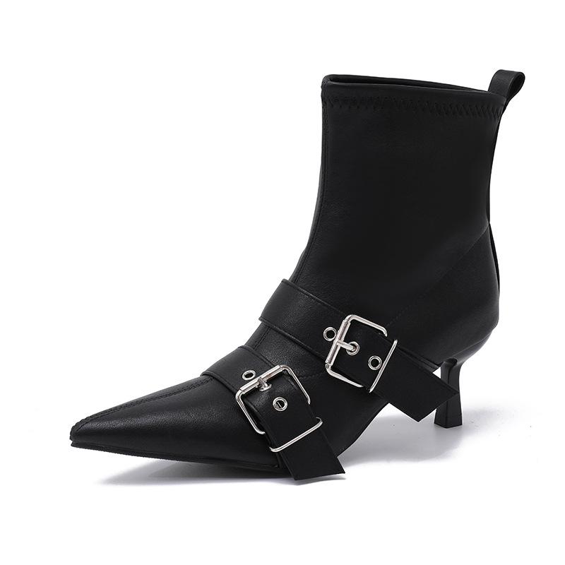 Pointed Buckle with Niche Short Boots 2025 Autumn and Winter New Thin Heels Retro Versatile Short Tube Fried Street Thin Boots Women's Trend
