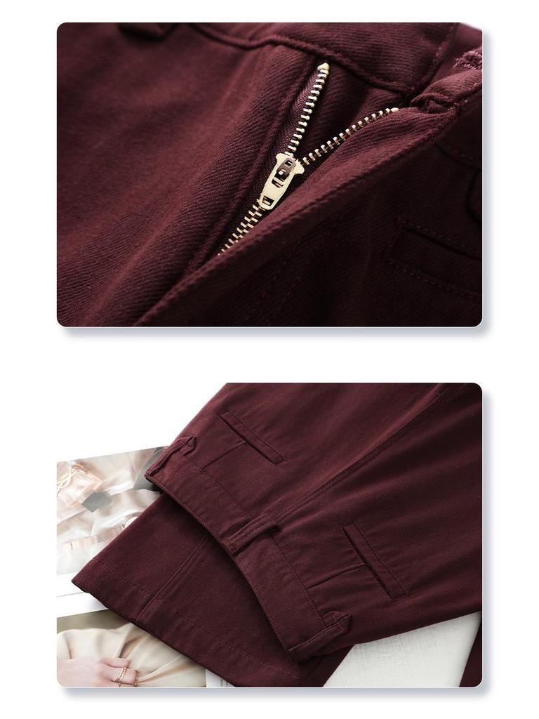 Ancola Women's Red Fleece-Lined Vintage Straight-Leg Jeans - Autumn/Winter 2024 Loose Slim-Fit Wide-Leg Pants.