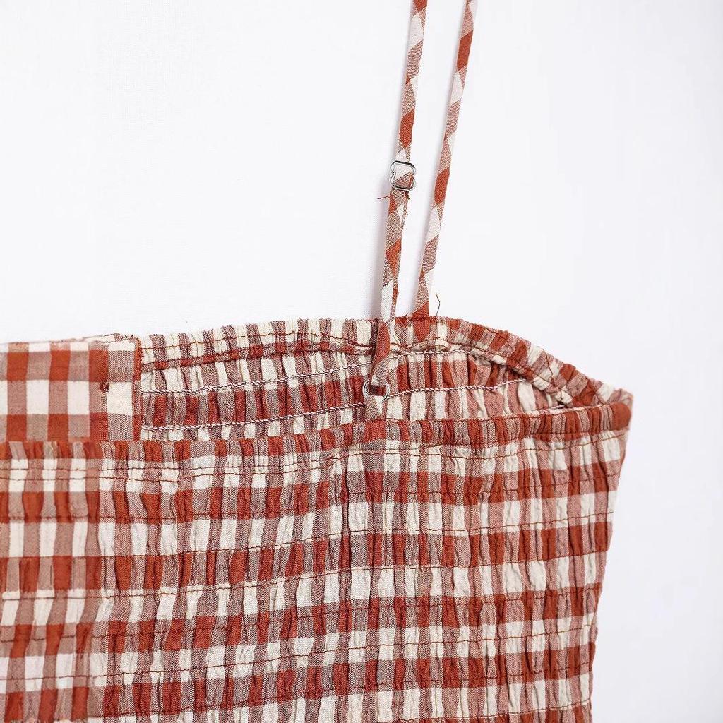 Spring 2025 European & American Style Women's Plaid Camisole Top and Midi Skirt Set