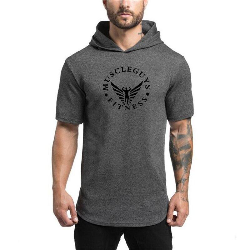 Muscleguys Sports Hooded T-Shirt Summer New Men's Short-sleeved T-shirt Cotton Trend Bodybuilding Fitness Hooded Half-sleeve Sweater
