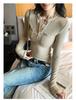 Women's Retro Henley Collar Knit Top - Autumn/Winter 2025, Waist-Cinching, Figure-Flattering, Solid Color.