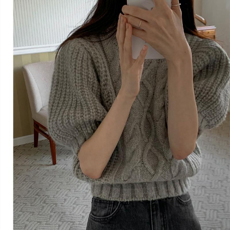 Korean Fashion Twist Crew Neck Short Sleeve Sweater Retro Women Puff Sleeve Sweet Tops Elegant Loose Casual Simple Solid Color Office Sweaters