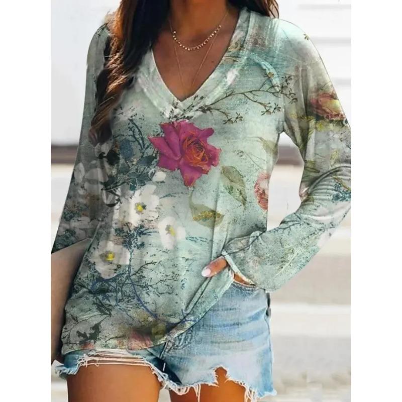 Spring and Autumn V-neck Flower Pattern 3D Printed Top Fashionable Casual Long Sleeved Women's T-shirts