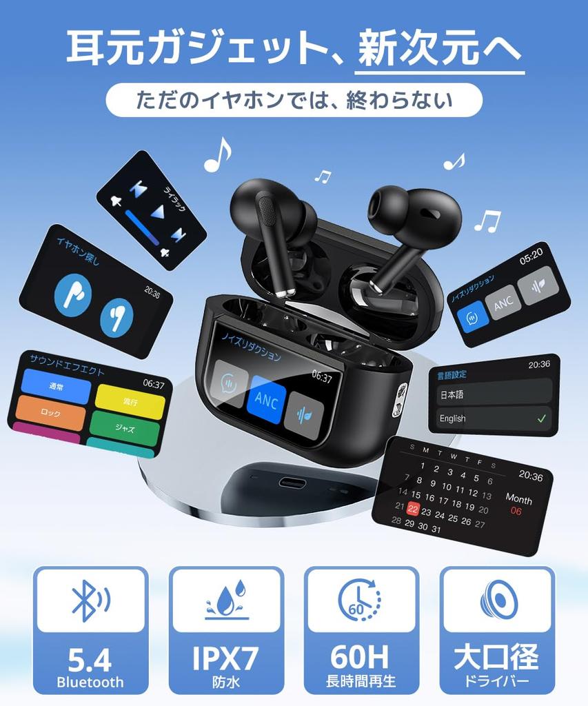 New for Futuristic Bluetooth Wireless Earbuds with LCD Features Noise Call Sound Quality Large Long Low IPX7 Battery Level GPS Fast Playback Sound