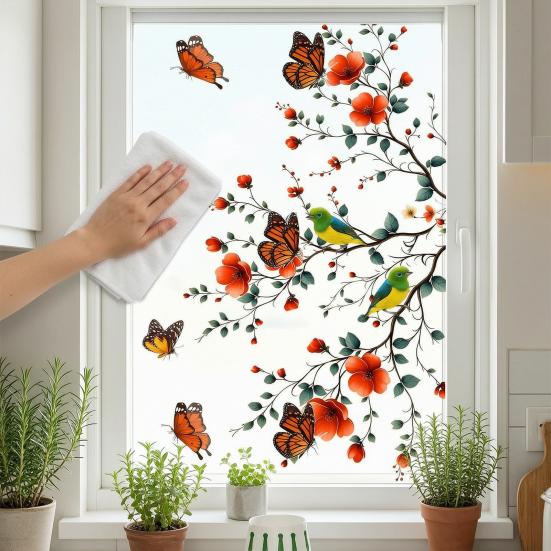 Blumen Schmetterling Vogel Fensteraufkleber, Selbstklebender Statischer Glassticker für Wohnzimmer Dekoration, Rückstandsfrei Abnehmbare Wandkunst