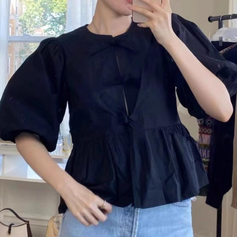 

Hollow Out Short Puff Sleeve Blouse Ruffle Bow Tied Summer Shirts Soft Office