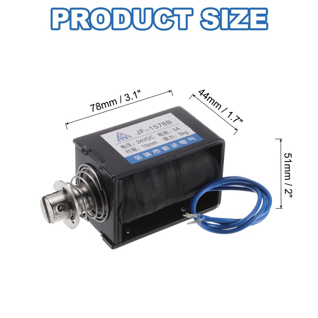 Uxcell DC 24V 5A Solenoid Electromagnet Type 50N 15mm Stroke Solenoid Actuator Open Frame Linear Motion Magnet Solenoid Push-Pull JF-1578B