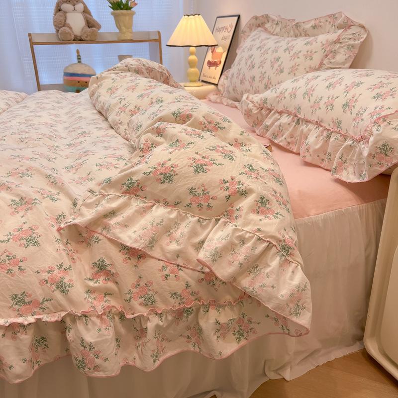 Sweet Flower Printed Bed Skirt Bedding Set Skin Friendly Cotton Nude Sleeping Comforter Set Class-A Twin Single Home Textile