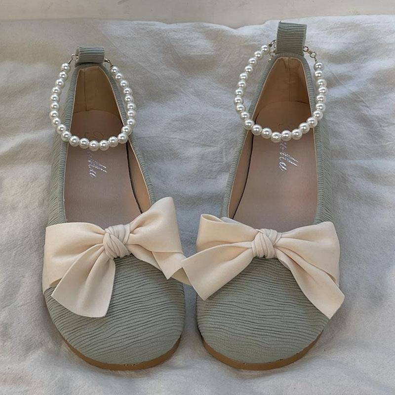 Women Pumps Elegant Mary Jane Flats Sweet Girl Ribbon Bow Pearl Chain Lolita Shoes Comfortable Round-toe Soft Sole Shallow Shoes