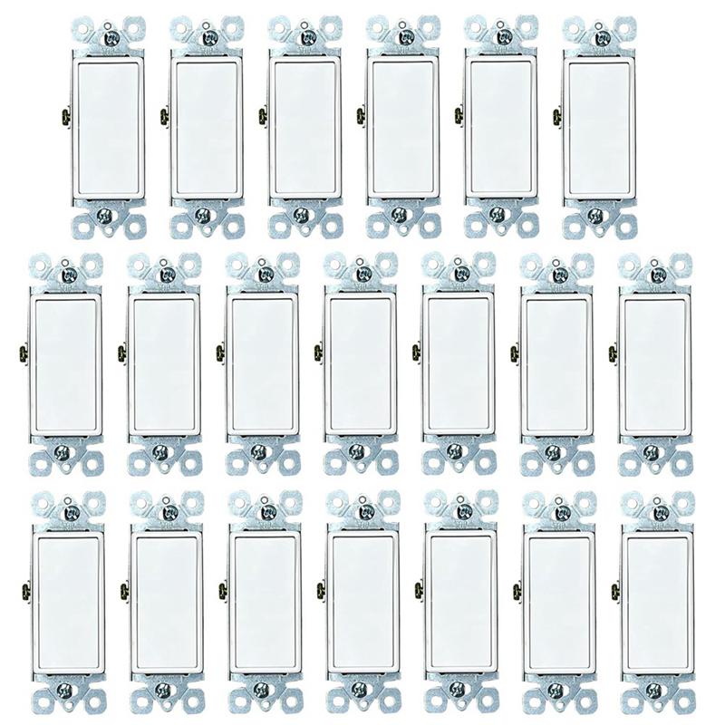 A20F-20-Pack Decorator Paddle Rocker Light Switch, Single Pole, 3-Wire, Grounding 15A 120V-277V, White