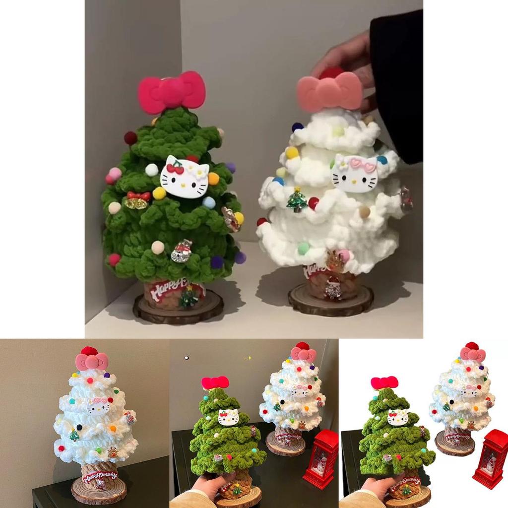 Hello Kitty Christmas Tree Handmade Knitted Ornament With Butterfly Bow For Holiday Decor