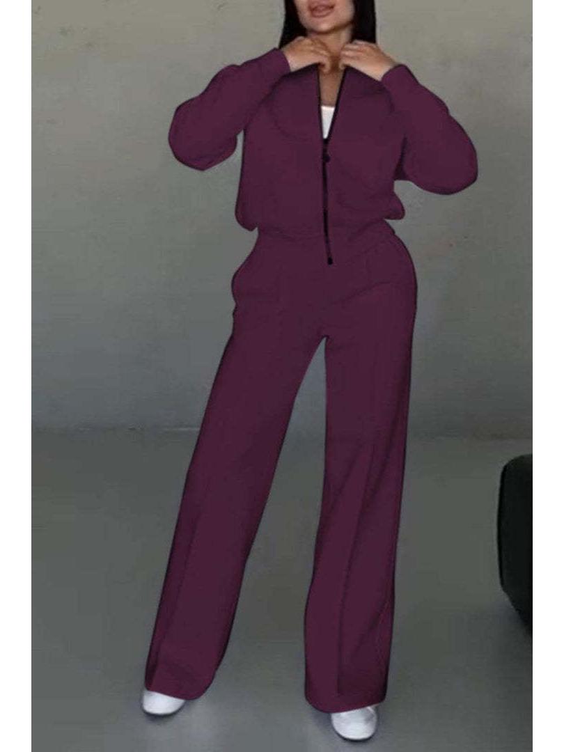 

2024 Осень/Зима Женский Повседневный Комплект Куртка на Молнии и Брюки Широкого Покроя - Европейский и Американский Стиль 2XL красный/фиолетовый