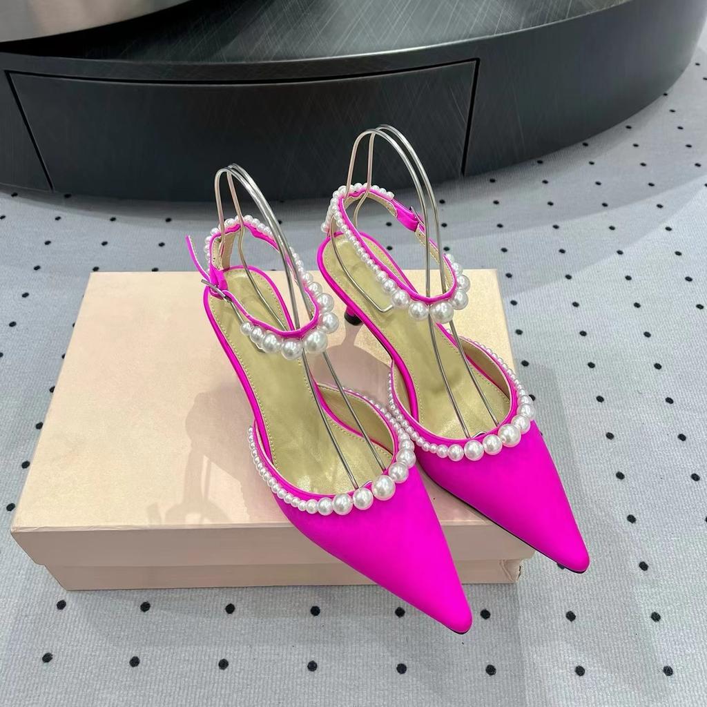Fashion Pearl Chain Pointed-Toe Stiletto High Heels For Women 2025 Summer New French Elegant One-Shoulder Strd Elegant With A Drawstring