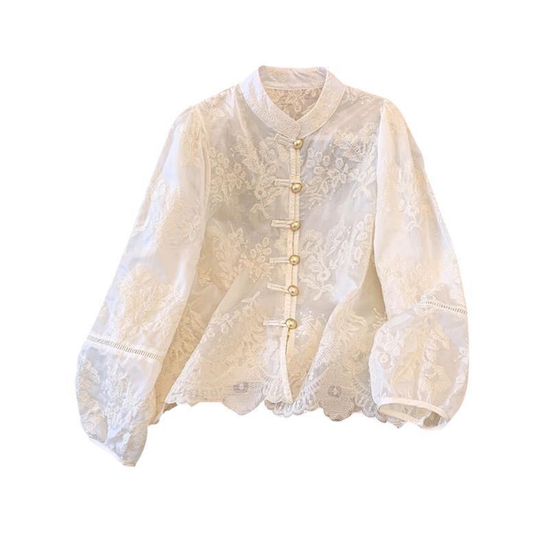 2025 New Stand-up Collar Lace Shirt Top Embroidered Shirt Sunscreen Shirt