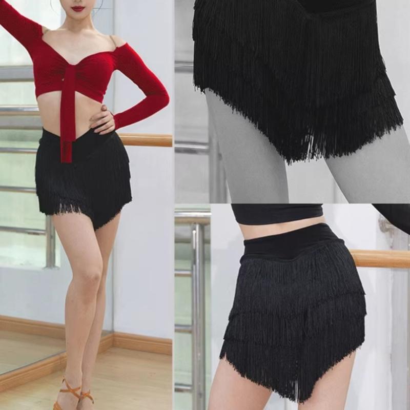 Latin Dance Practice Skirt With Detachable Fringe Hip Scarf Stretch Polyester Stage Performances Outfit For Women