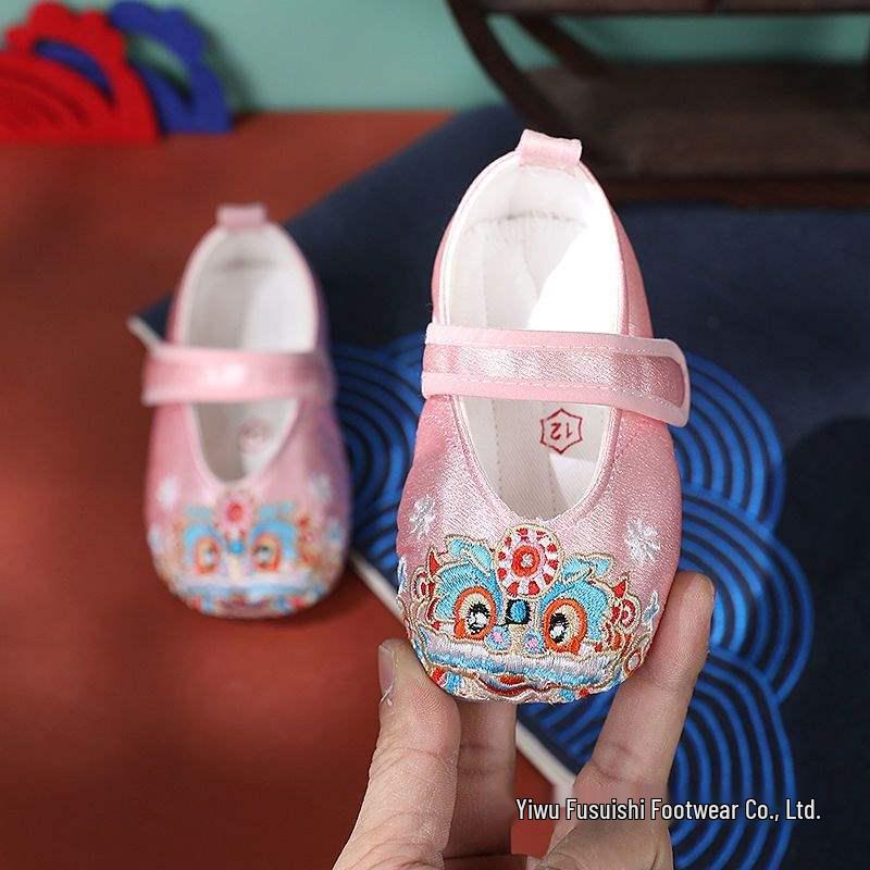 Soft Sole Baby Girl Hanfu Shoes - Red Tiger Head Ethnic Style for Toddlers