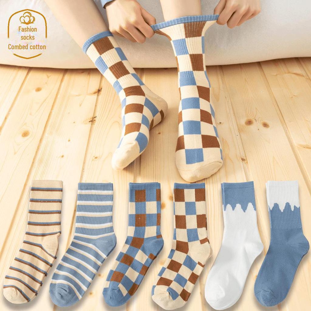 New Women's Blue Plaid College Style Couple Socks - Trendy Japanese Mid-Tube Autumn/Winter Socks