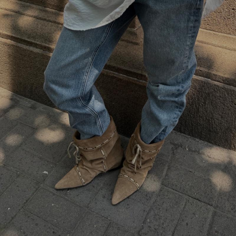 Fashion Wrinkle Style Women's Ankle Boots Pointed Toe Flat Cross-tied Femme Short Boots Winter New Retro Niche Lady Western Cowboy Boots