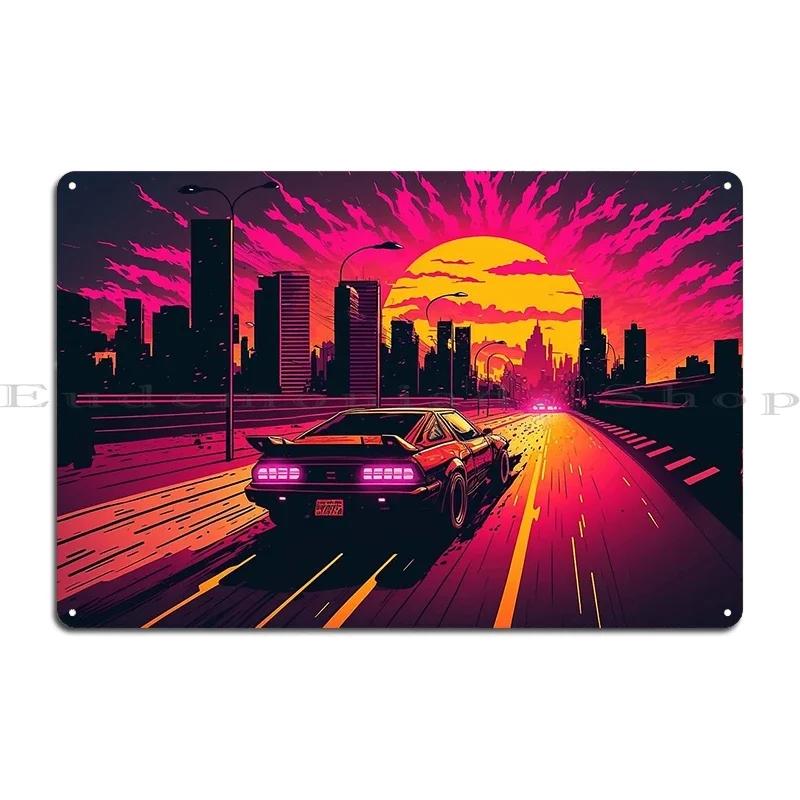Shoreline Drifter Car Driving Towards Synthwave Sun Through s Miami Metal Plaque Printing Customize Tin Sign Poster
