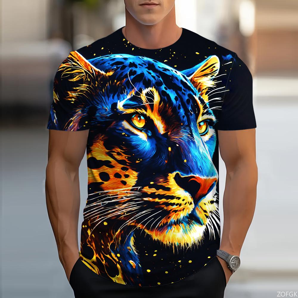 Stylish Tiger Print Crew Neck Short Sleeves Comfortable Top Casual Tops T-Shirts Men’s