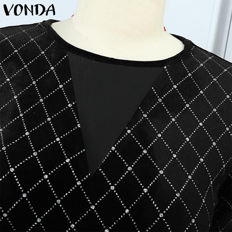 VONDA Women Fashion Solid Color Splicing V-Neck Long Sleeve Dresses