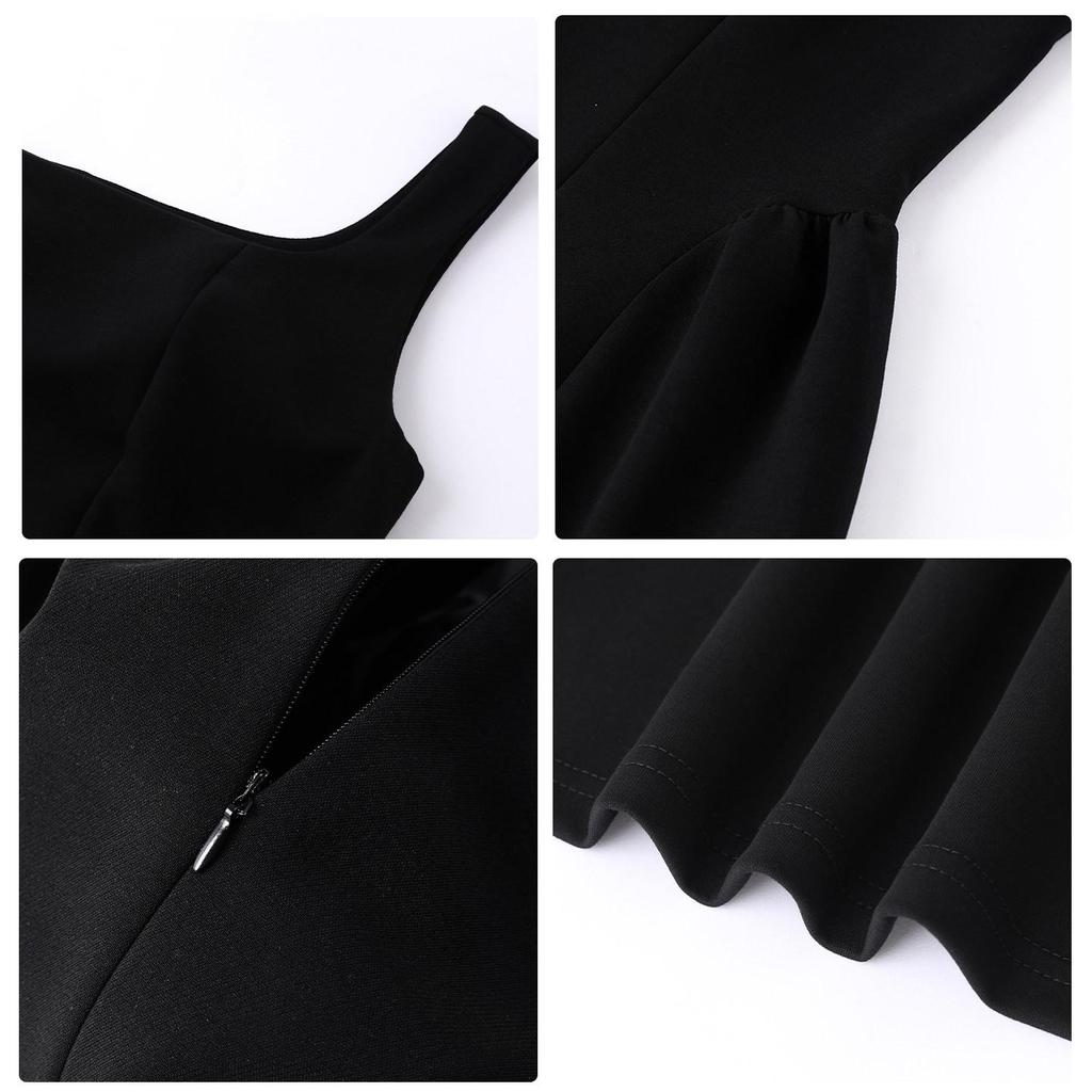 Women's Summer Hepburn Style Black A-line Mini Dress with Cinched Waist and Spaghetti Straps - Elegant and Sleeveless