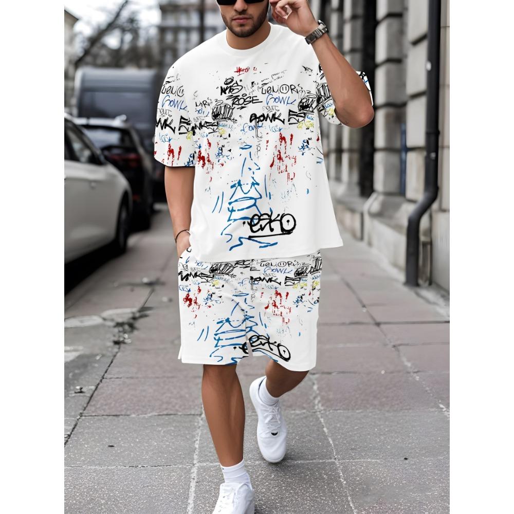 Summer Men's Fashion Casual Sports Set Loose-Fit Trendy Doll Graffiti Print Crew Neck Short Sleeve Two-Piece Set with Shorts