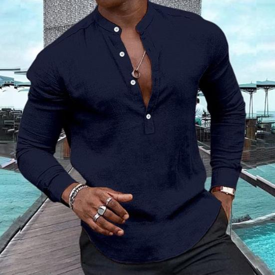 

Мужская весенняя осенняя рубашка Генри Вырез Однотонный Длинный рукав Тонкий Пуловер Пуговица Декор Мягкий Тонкий Дышащий Мужской Бизнес Ежедневный Топ