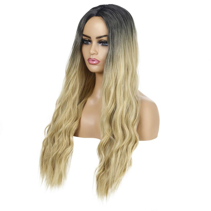 Blonde Ombre Synthetic Wig for Women 28 Inch Long Water Wave Cosplay Lolita Wig Middle Part Natural Hair Heat Resistant