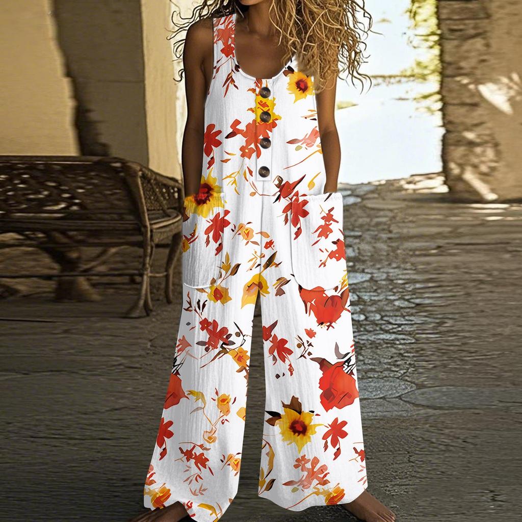 Dámský módní ležérní overal bez rukávů s knoflíky, bavlněný overal s kapsami a retro květinovým potiskem