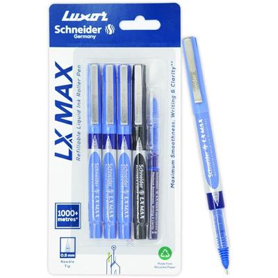 Luxor Schneider Lx-Max Needle Tip Pack Of 4 Pens | 3 Blue Pens+1 Black Pen+ 1 Blue Refill | Best Pen For Students
